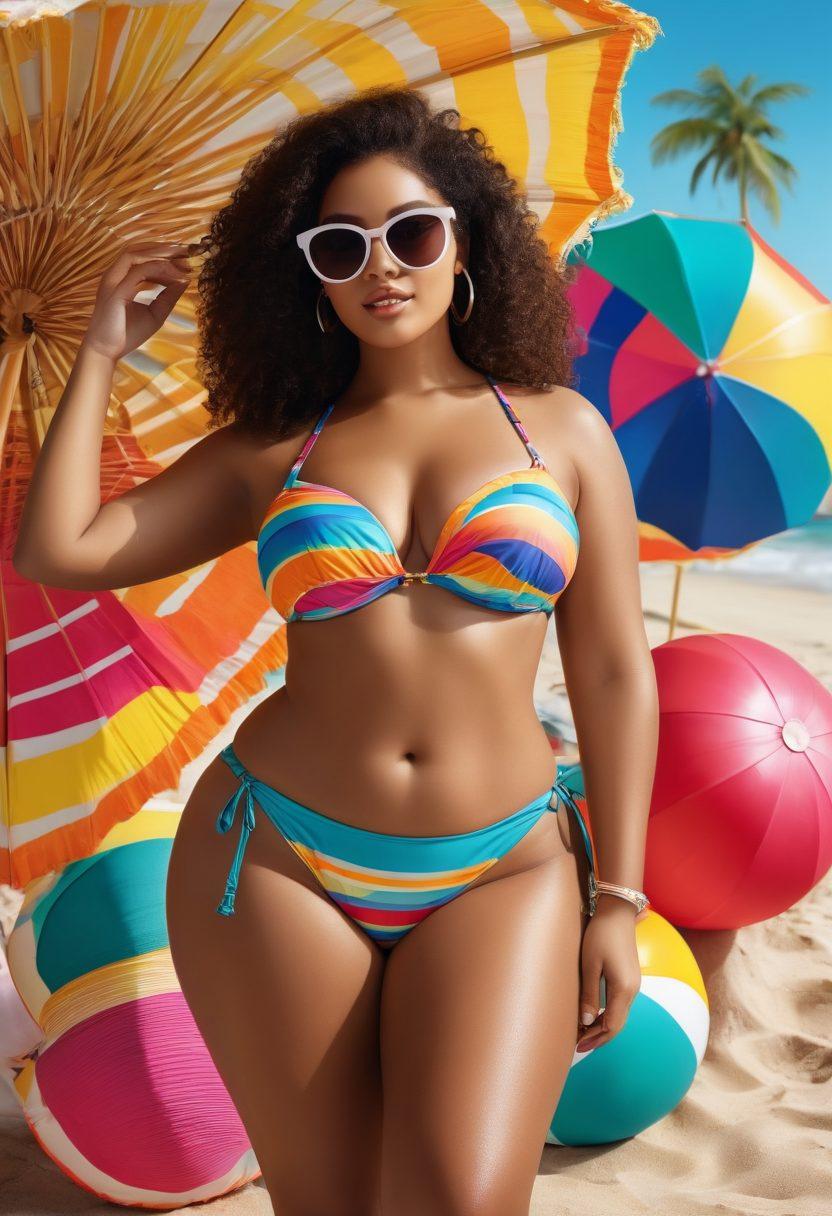 A vibrant beach scene featuring diverse models of various body types showcasing a variety of stylish bikini sets. The background is filled with sun, waves, and colorful beach umbrellas, creating a joyful summer atmosphere. Include fun accessories like sunglasses and beach balls to enhance the lively vibe. The image emphasizes body positivity and inclusivity in fashion. vibrant colors. super-realistic.